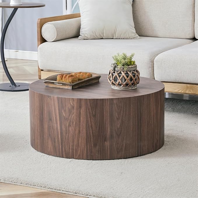 Round Coffee Table, 23.6" Modern Wood Drum Coffee Table, Round Accent Center - Image 3