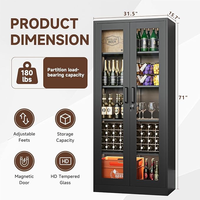 PEUKC Display Cabinet with Glass Doors, 71 Inches Metal Display Case with 4 - Image 4
