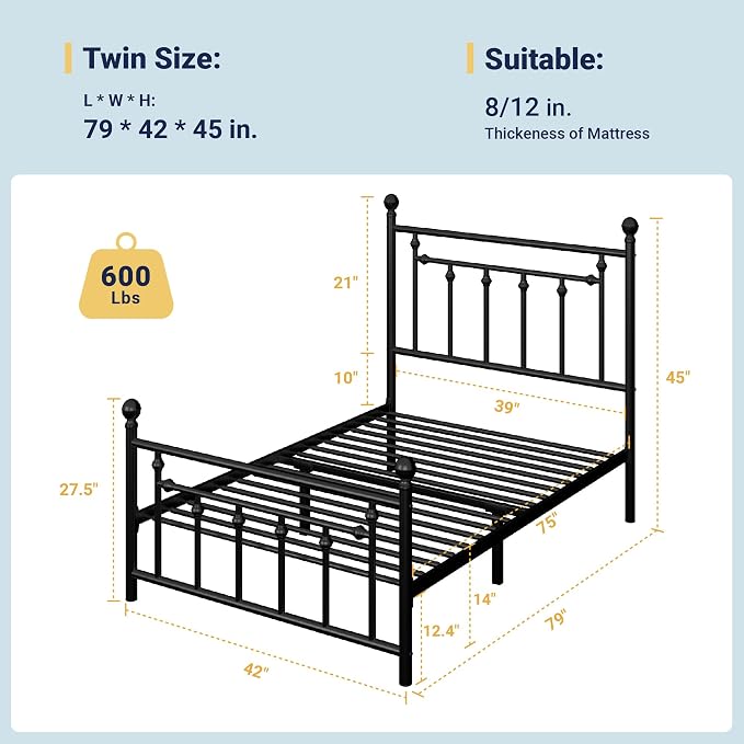 Allewie 14 Inch Twin Size Metal Platform Bed Frame - Image 2