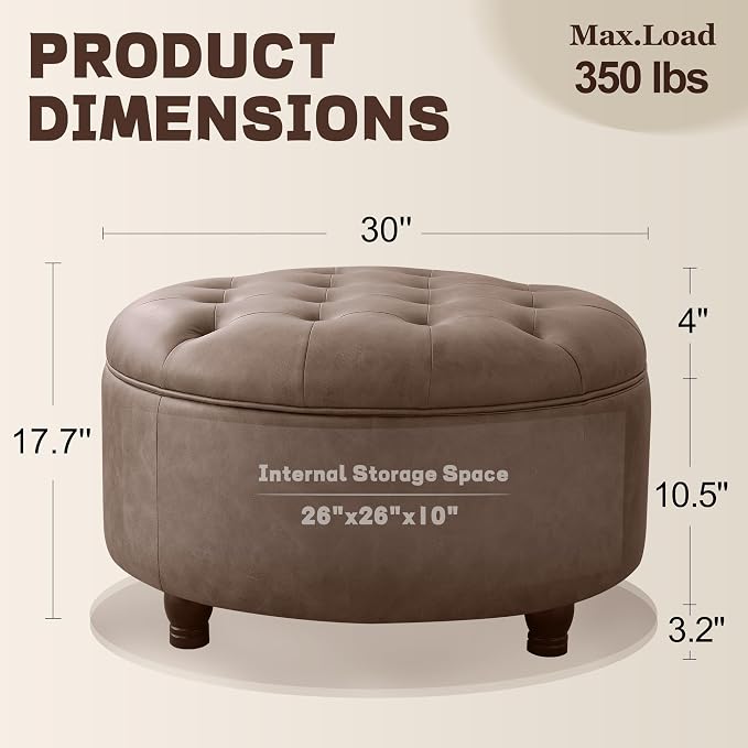 30-Inch Round Storage Ottoman, Button Tufted Ottoman Coffee Table - Image 2