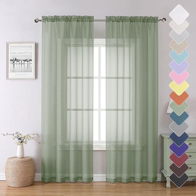Sage Green Sheer Curtains 84 Inches Long 2 Panels Set, Solid Voile Light by Lecloud