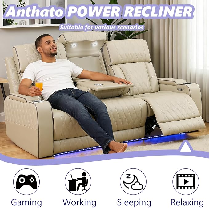 Power Recliner Sofa Set, Leather Reclining Couch & Chair Set, Living Room - Image 3