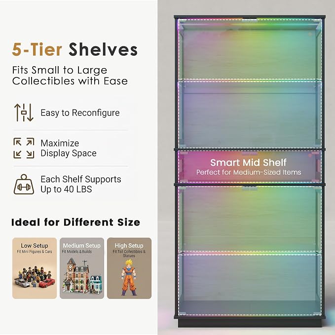 RGB Glass Display Cabinet, 5-Tier Lighted Display Case - Image 5
