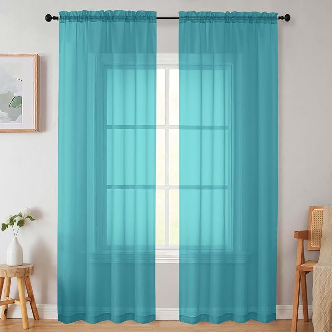 Turquoise Sheer Curtains for Bedroom Living Room 90 Inches Long 2 Panels Set by WelvetBLK