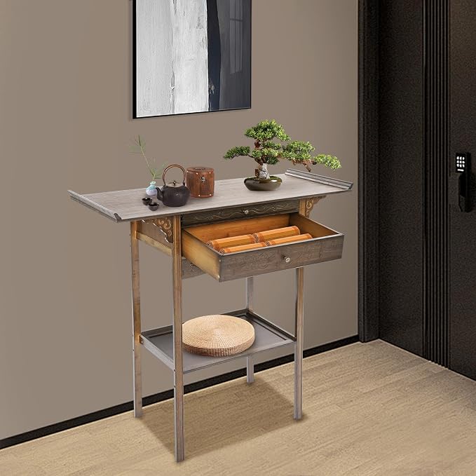 Bamboo MDF Altar Table with 2 Drawers and Storage Shelf, Retro Asian Design - Image 2