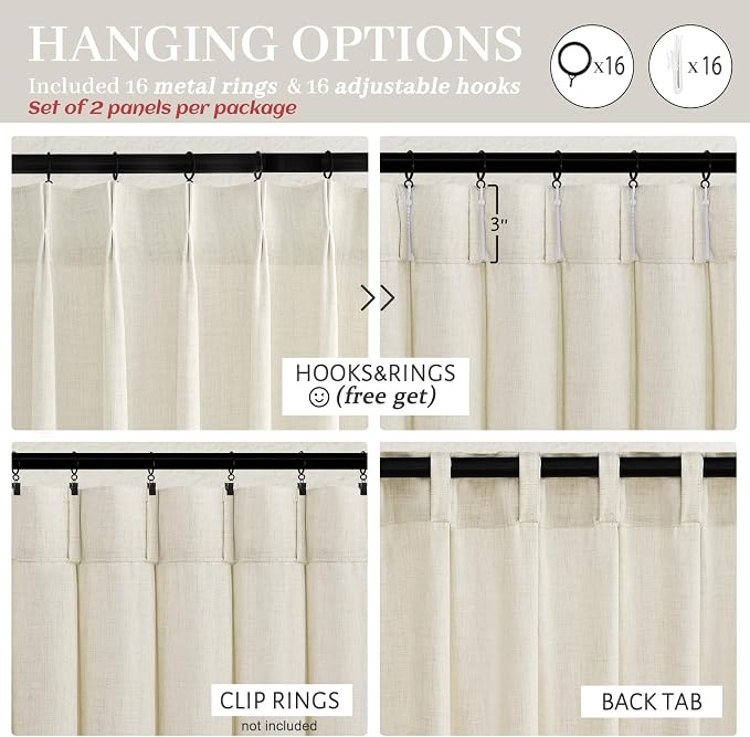 PleatedDrapes Cream Linen Farmhouse 120 Inch Curtains - Image 6