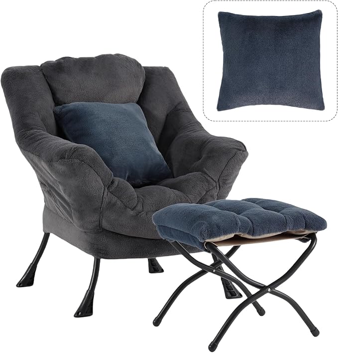 Lazy Chair with Ottoman, Large Blue Gray Accent Chair with Ottoman and FA Throw by HomeEastllyHome