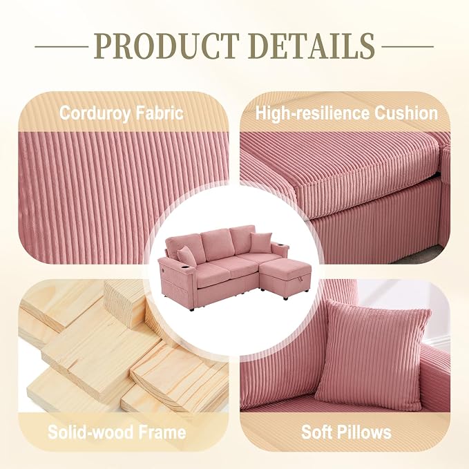 L-Shaped Sectional Sofa with Storage & Movable Ottoman, Corduroy 3 Seater - Image 5