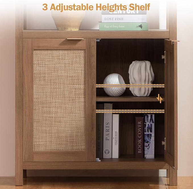 SICOTAS Bookshelf 5 Tier Book Shelf Rattan Boho 71" Tall Bookcase - Image 6