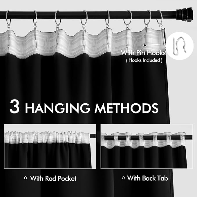 MIULEE Black Back Tab Blackout Curtains 52x78 Inch Length 2 Panels Set | Rod - Image 3