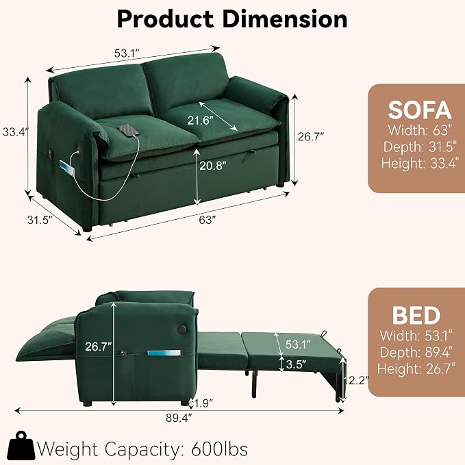63" Convertible Sleeper Loveseat Sofa Bed, Pull Out Couch Bed - Image 3