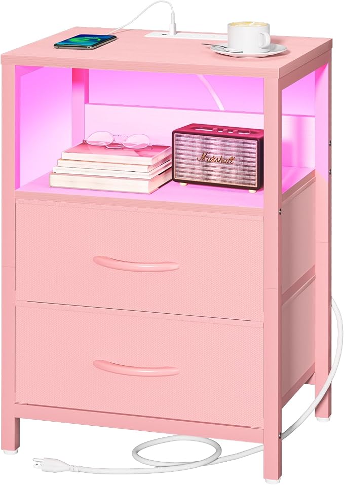 Yoobure Nightstand with Charging Station, LED Night Stand with Fabric Drawers by Yoobure