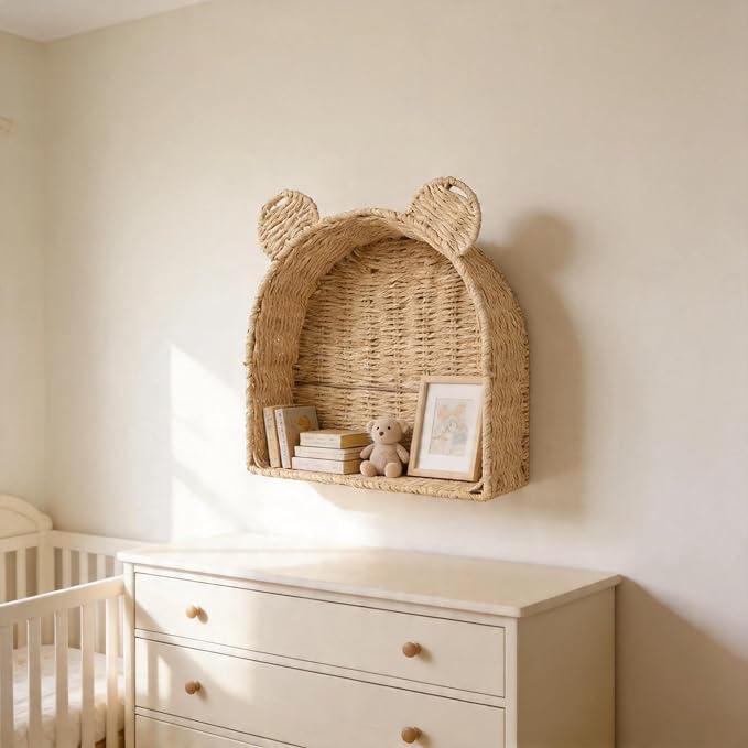 Arched Bear Nursery Wall Shelf, Handwoven Wicker Nursery Shelf - Image 8