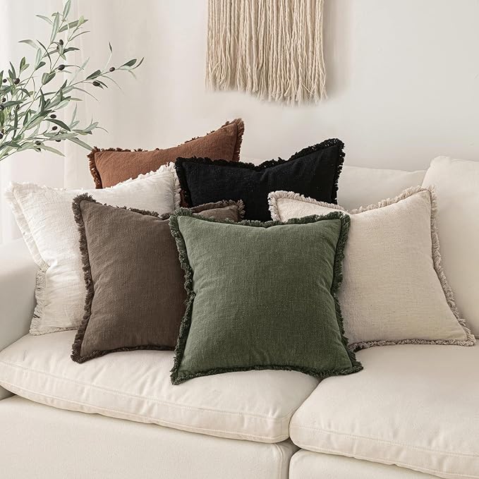 MIULEE Linen Fringe Decorative Euro Pillow Covers Chocolate Brown 24x24 | Set - Image 5