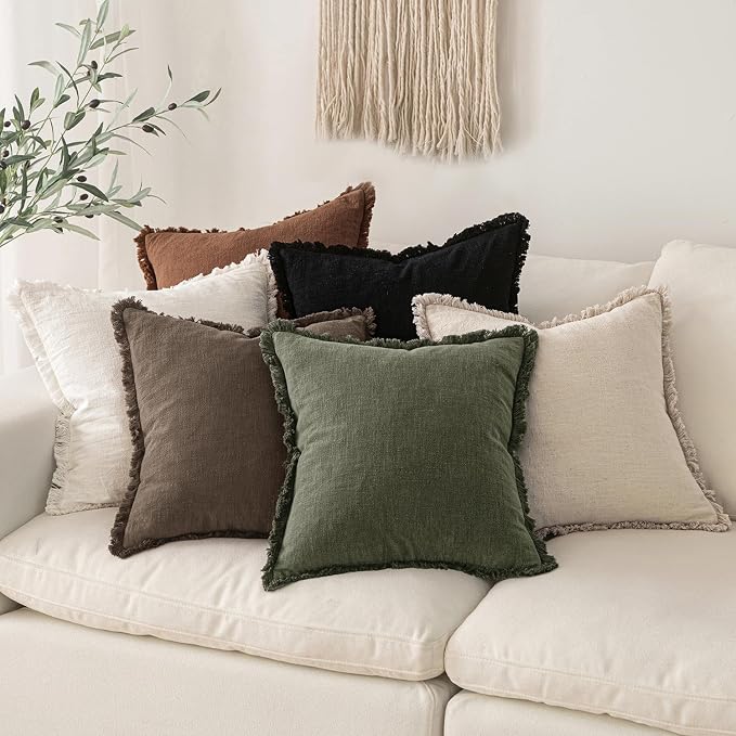MIULEE Linen Fringe Decorative Fall Pillow Covers Chocolate Brown 20x20 | Set - Image 5