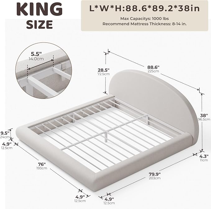 RECCI AirFrame Half-Moon Upholstered King Platform Bed Frame, Velvet Curved - Image 2