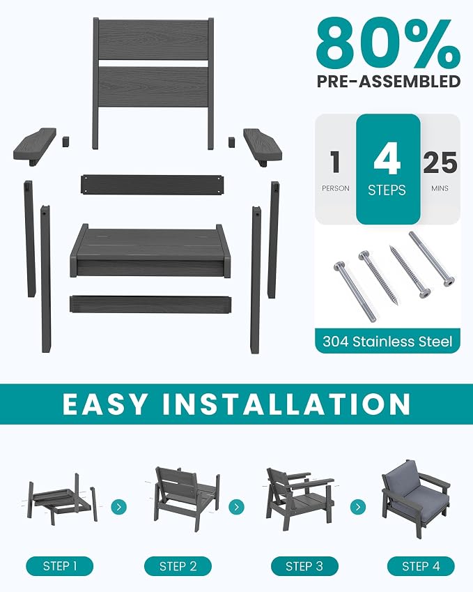 SERWALL HDPE Outdoor Furniture Set, 2 Piece All Weather Wood-Like Outdoor Sofa - Image 7