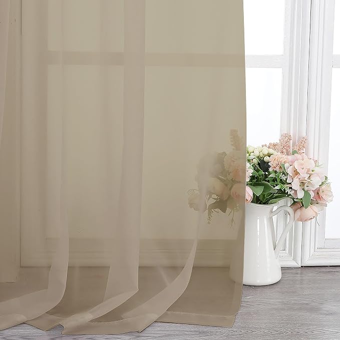 Chyhomenyc Sheer Curtains 63 Inch Length 2 Panels, Taupe | Light Filtering - Image 6