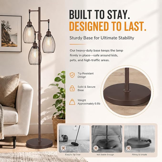 Nintiue Dimmable Floor Lamp, 3x800LM LED Bulbs Included, Farmhouse Industrial - Image 5