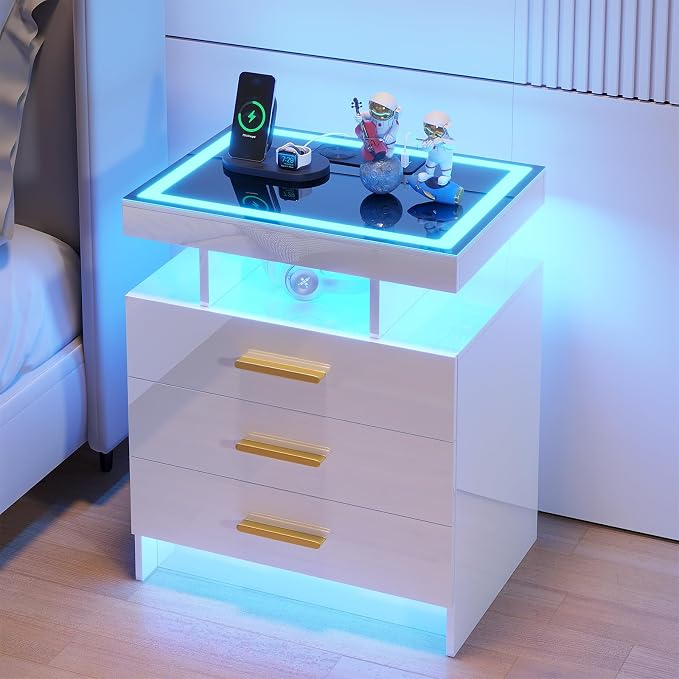 HNEBC LED Nightstand with Charging Station, Smart Bedside Table with Motion by HNEBC