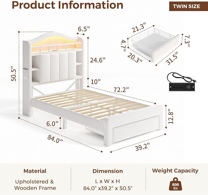 Twin Size Bed Frame with LED Storage Headboard & 2 Storage Drawers, Velvet - Image 2
