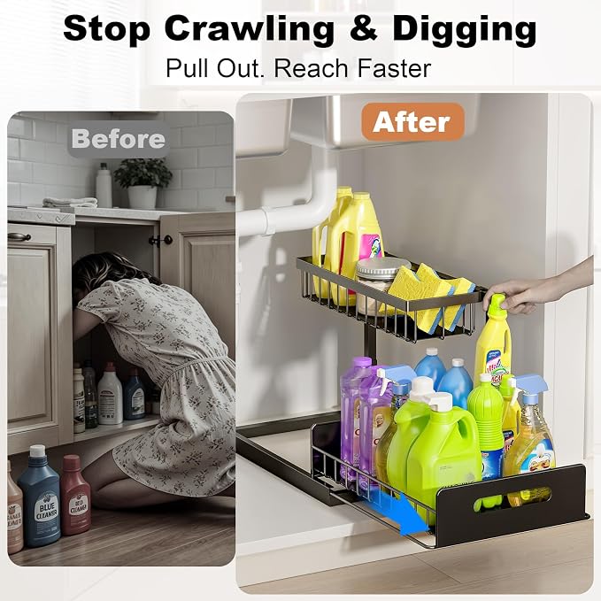 REALINN Under Sink Organizer, L-Shaped 2 Tier Pull Out Cabinet Organizer - Image 4