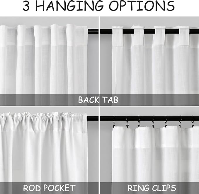 Linen White Curtains 120 Inches Long 2 Panels Set Back Tab Rod Pocket Semi - Image 3