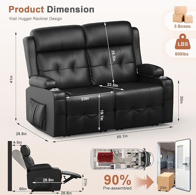 RV Loveseat Recliner Sofa, Massage Wall Hugger Reclining Couch - Image 2