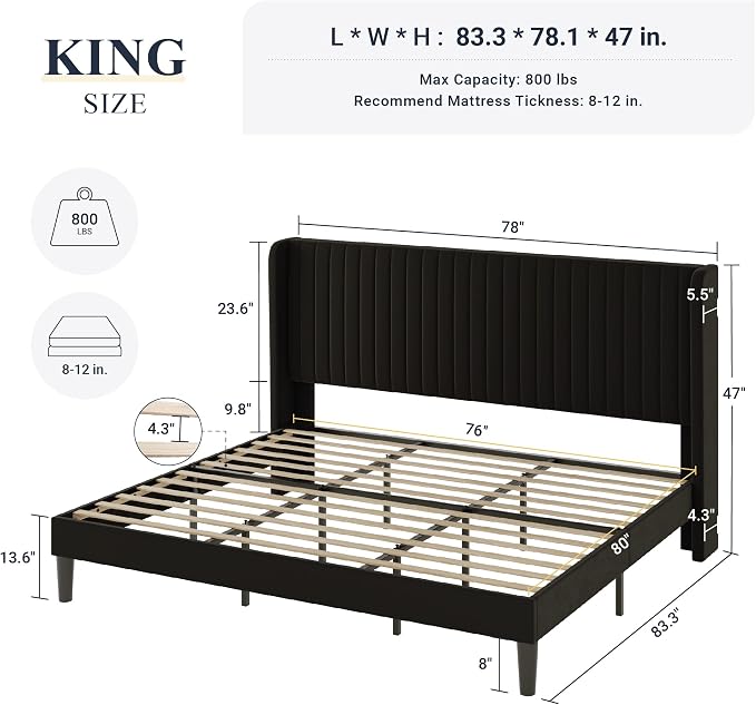Allewie King Size Velvet Bed Frame/Vertical Channel Tufted Wingback - Image 2