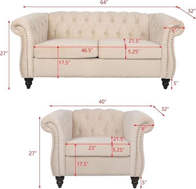 RARZOE Chesterfield Loveseat Sofa Set, 1+2 Seater - Image 2