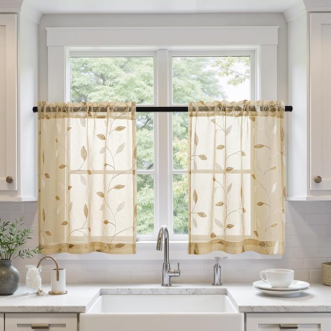 MIULEE Beige Sheer 30x36 Inches Length 2 Panels Embroidered Leaf Patterned | by MIULEE