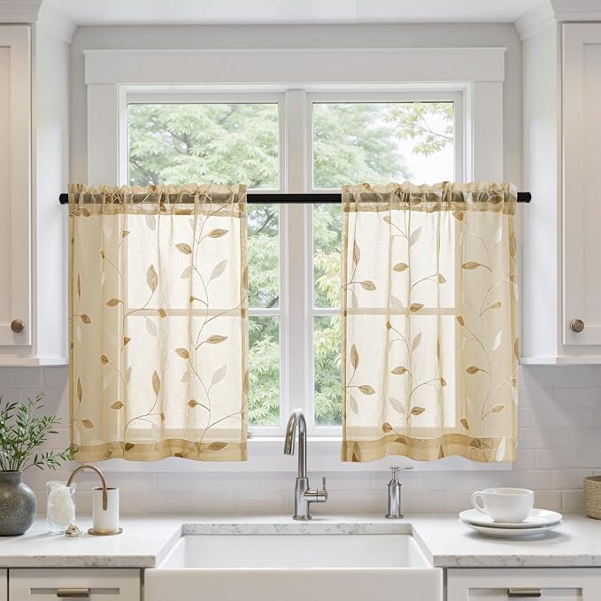 MIULEE Beige Sheer Curtains 2 Panels Leaf Patterned, W30 x L30 | Embroidered by MIULEE