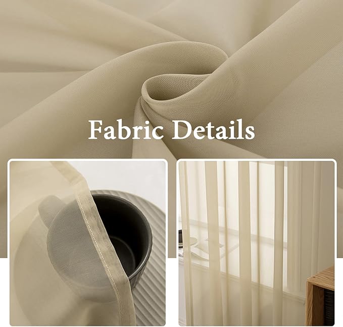 MIULEE 2 Panels Sheer Curtains for Living Room 54 X 72 Inches Beige | Window - Image 3