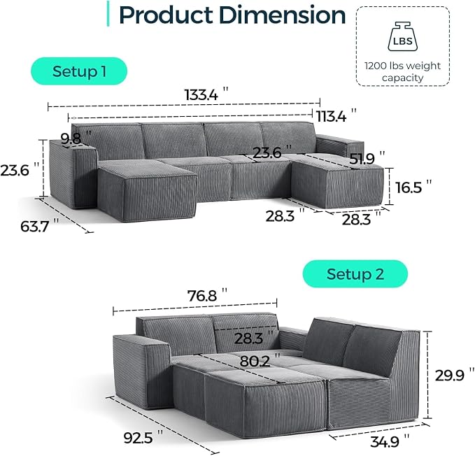 LINSY HOME Modular Sectional Sofa, Corduroy Sectional Cloud Couches - Image 2