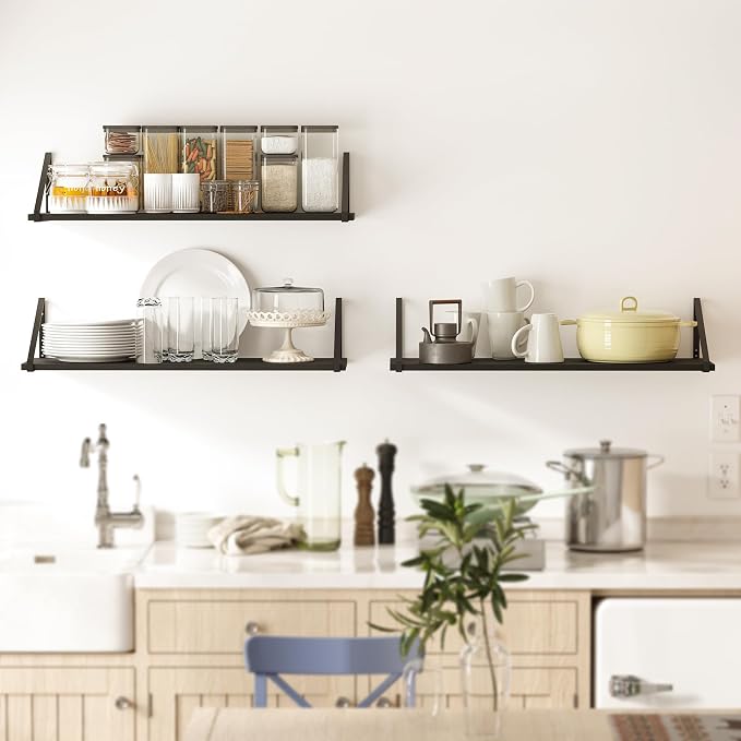 BAMEOS 24X8 Floating Shelves Rustic Wood Wall Shelf Set of 3, Bookshelf - Image 5