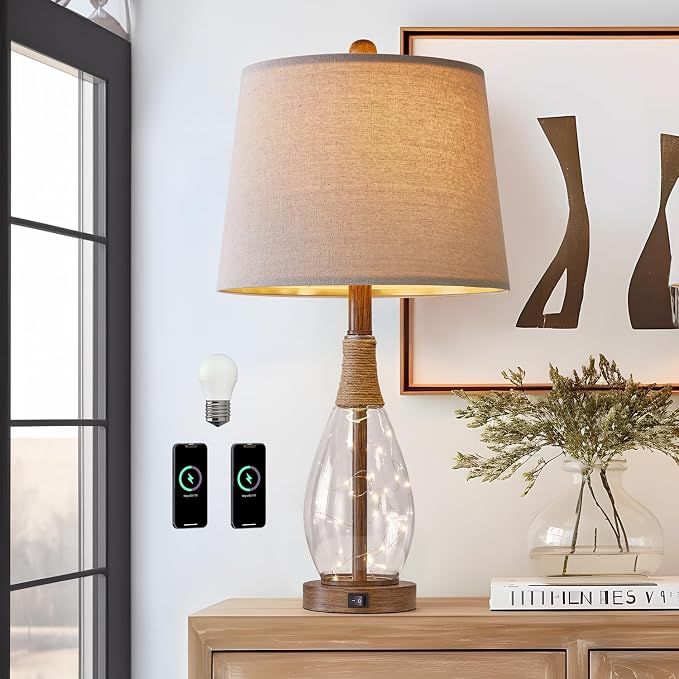 OYEARS 23" USB A+C Table Lamps for Bedroom Living Room Modern Bedside Lamps by OYEARS