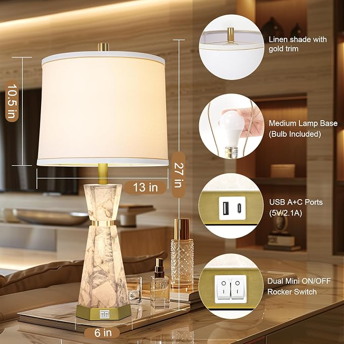 Natural Alabaster Table Lamp, Living Room Lamps Set of 2, Nightstand Lamp - Image 2