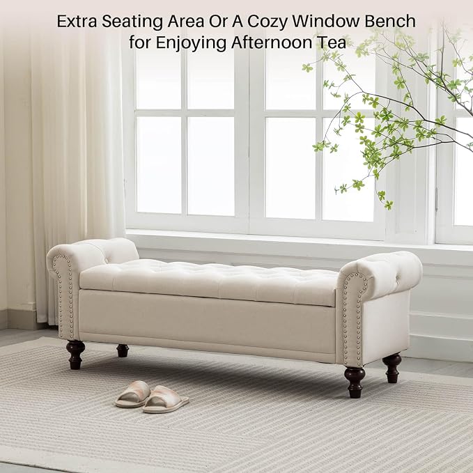 SOFTHION 58.1" Storage Bench Upholstered Linen End of Bedroom Bed Bench Ottoman - Image 6