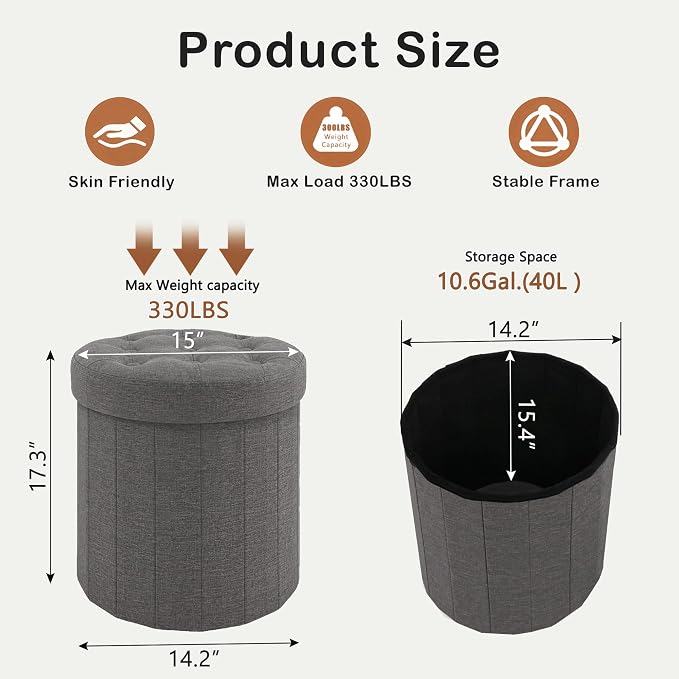 CAROLMADE Round Storage Ottoman, Linen Folding Footrest Stool - Image 3