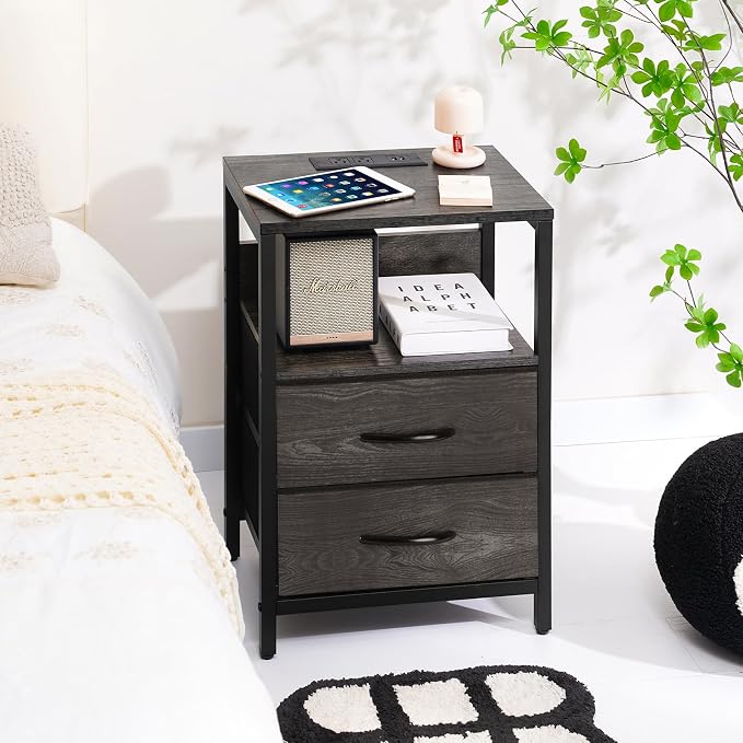 Yoobure Nightstand with Charging Station, Small Night Stand with Fabric Drawers - Image 8