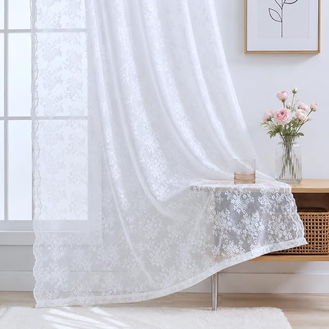 YJ YANJUN Vintage Lace Curtains 72 Inches Long Brilliant White 2 Panels | - Image 3