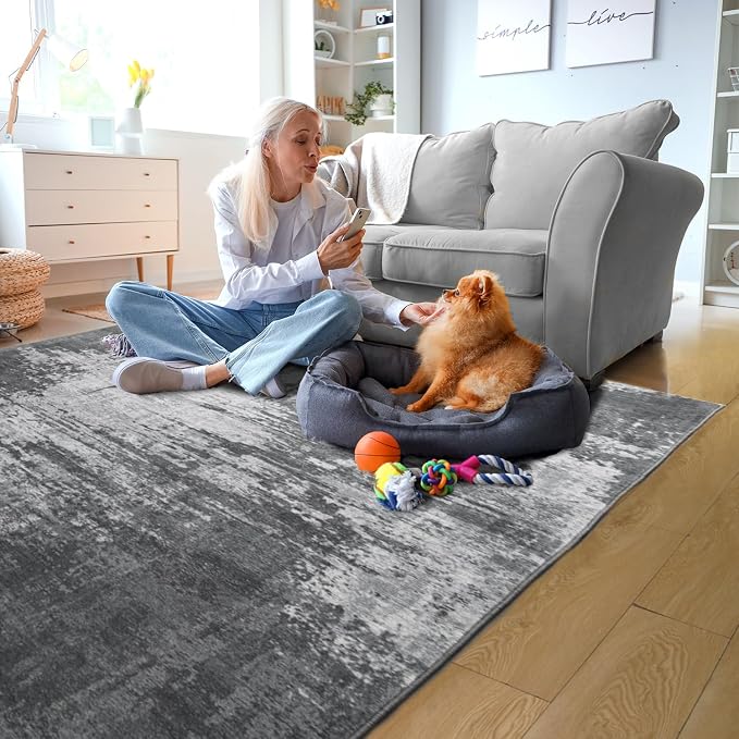 Living Room Rug 8x10 Dark Grey Area Rugs Machine Washable Abstract Boho Large - Image 3