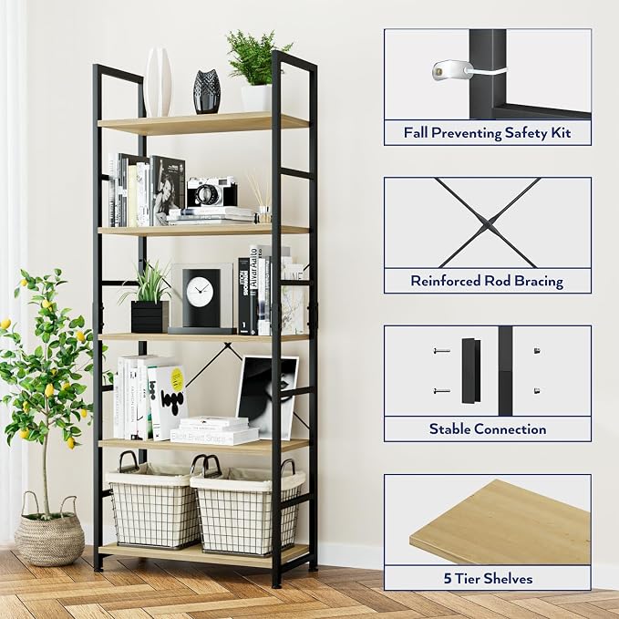 NUMENN 5 Tier Bookshelf, Tall Bookcase Shelf Storage Organizer, Modern Book - Image 5