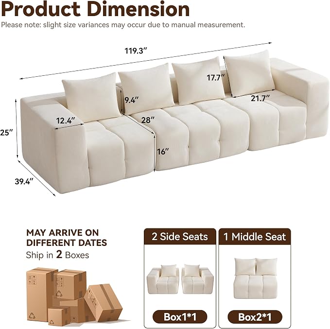 119" Oversized 3 Seater Boneless Couch, Comfy Cloud Modular Sectional Sofa - Image 2