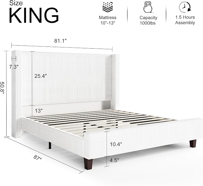 HOWE King Size Bed Frame with 50.8" Tall Wingback Headboard, Modern Corduroy - Image 2