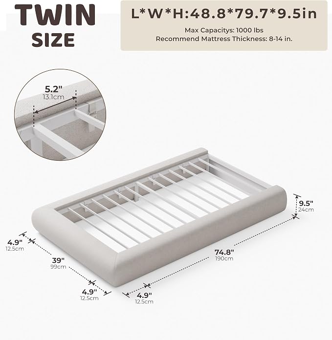 RECCI AirFrame Half-Moon Upholstered Twin Platform Bed Frame, Velvet Curved - Image 2