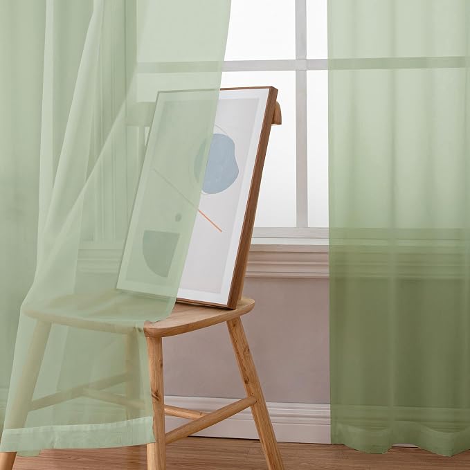 Chyhomenyc Light Green Sheer Curtains 84 Inches Long, 2 Panels | Light Filtering - Image 3