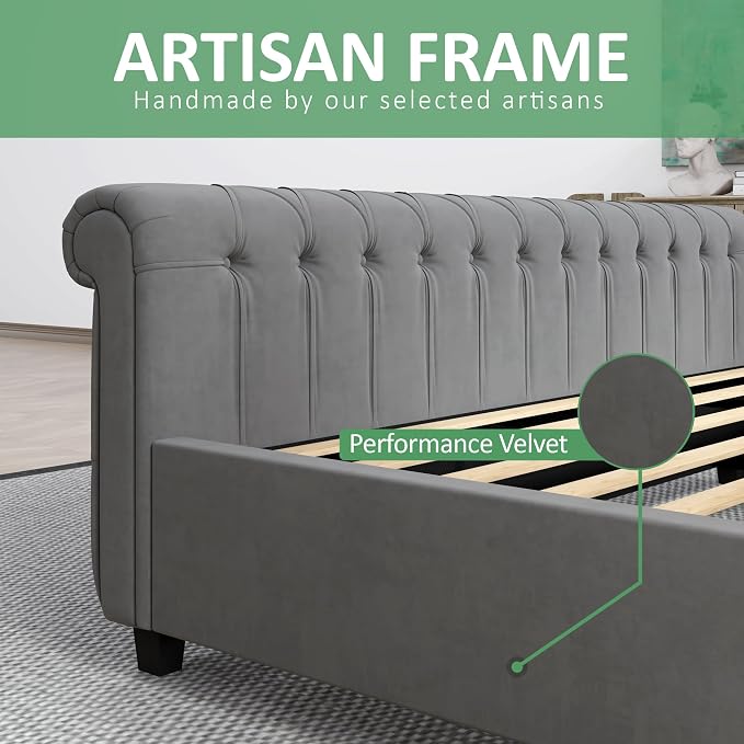 AMERLIFE Queen Size Platform Bed Frame, Velvet Upholstered Sleigh Bed - Image 7