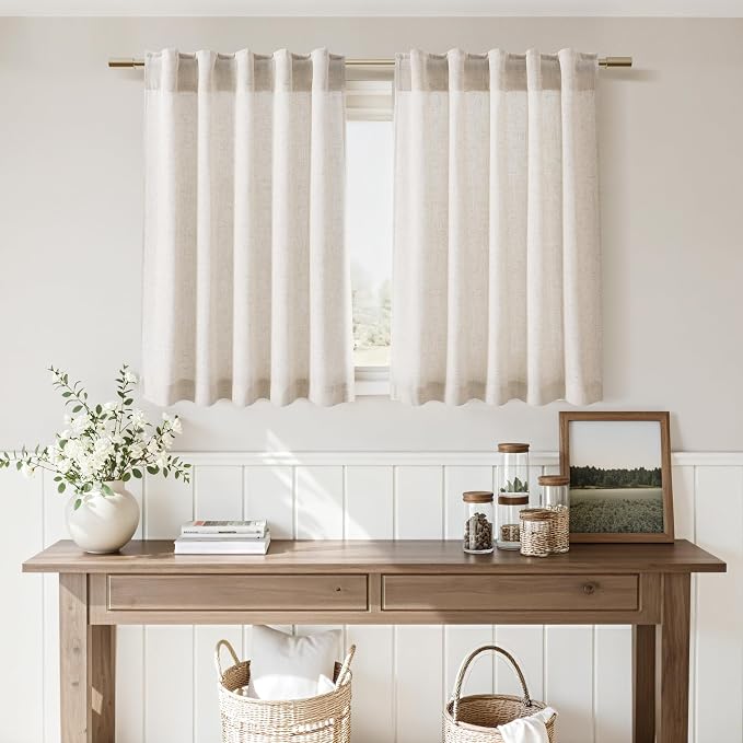 Beige Linen Curtains for Kitchen Windows Over Sink Farmhouse Short Semi Sheer - Image 6