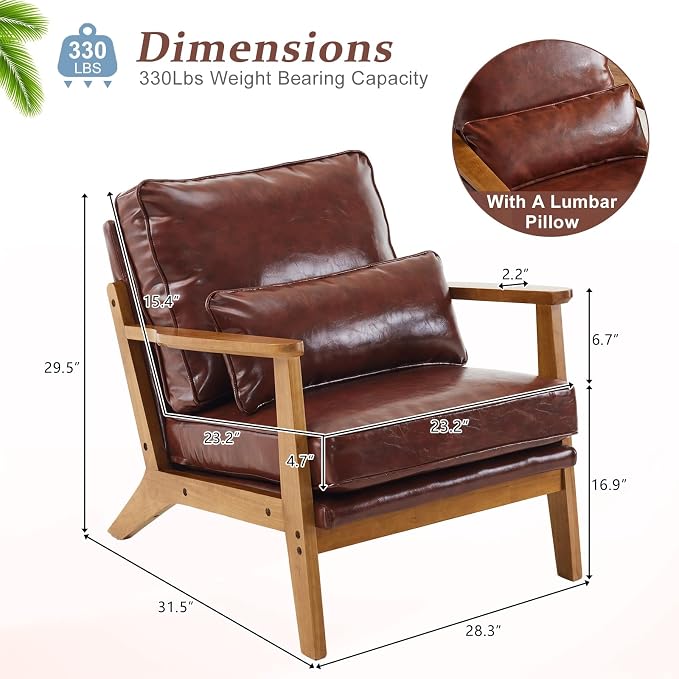 VINGLI Solid Wood Wide Armrests Accent Chair, Upholstered Mid Century Modern - Image 2